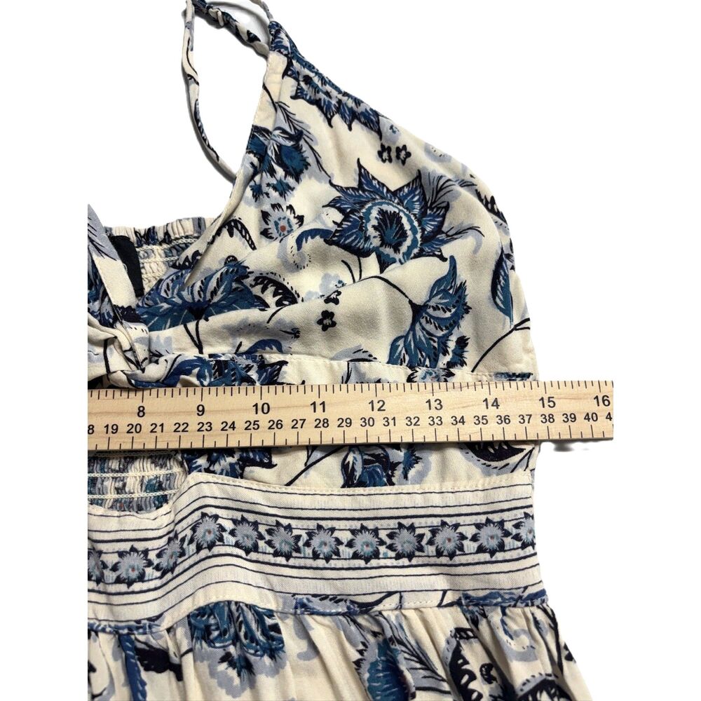 Angie Twist Front Keyhole Maxi Spring Dress Smocked Boho Tropical Blue & White L - Picture 6 of 8